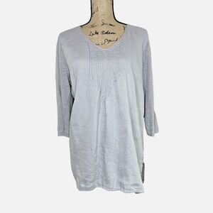 J Jill Love Linen Tunic Top Womens Size L Gray Pin Tuck 3/4 Sleeve Shirt Beachy